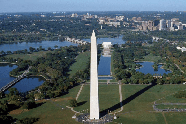 An aerial shot of the astounding Washington Monument