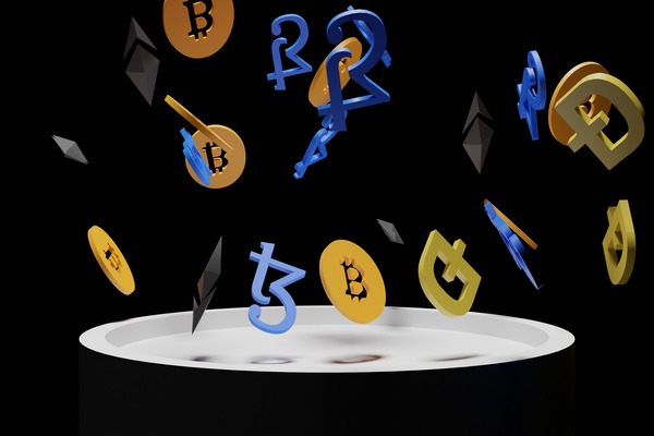 Bitcoin, Doge, Ethereum, and other crypto symbols fall to a white platform.