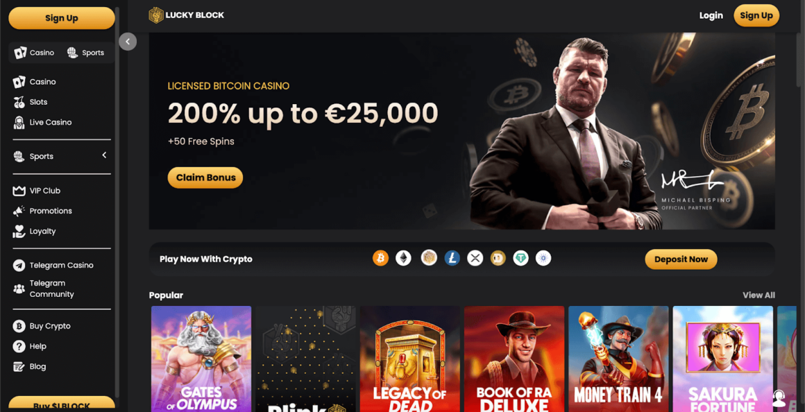 Screenshot from the home page of Lucky Block Casino website